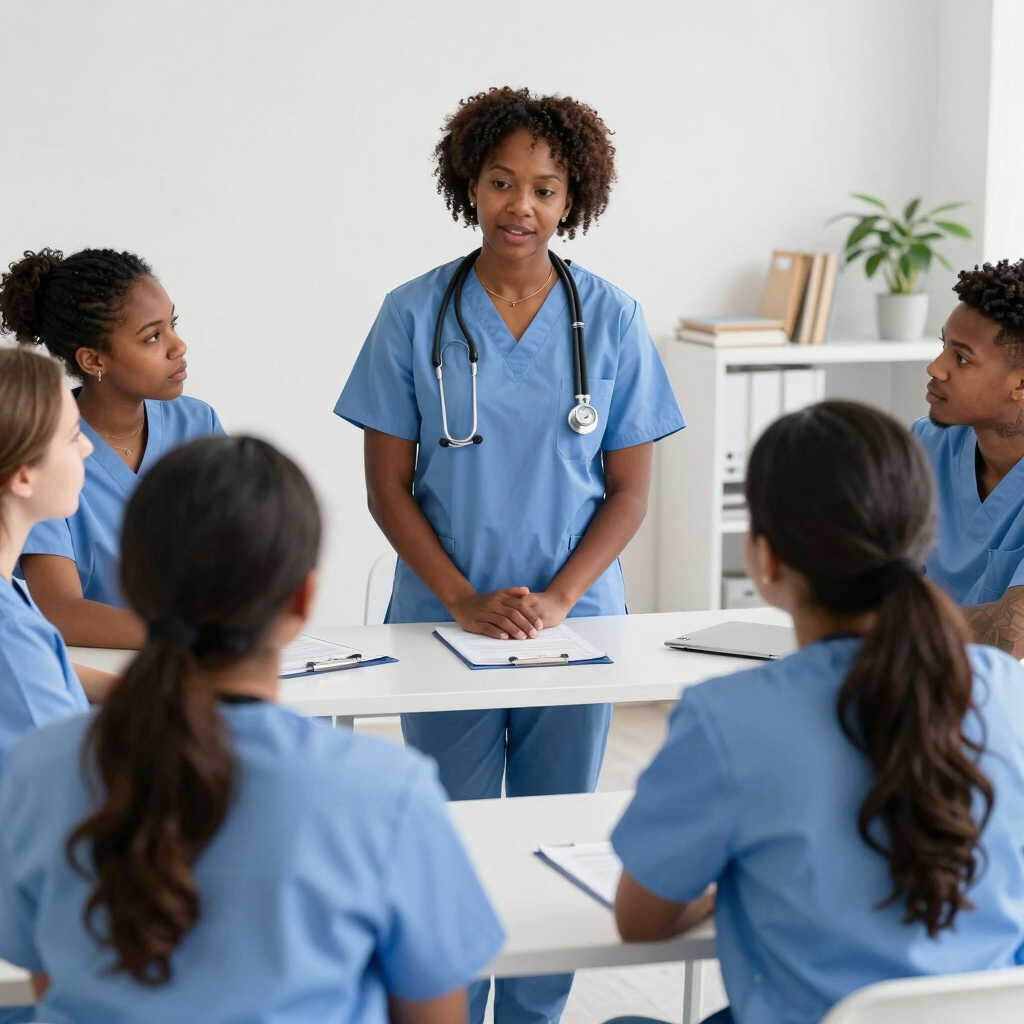 A diverse group of nursing students studying together in a bright, modern classroom filled with textbooks and laptops.