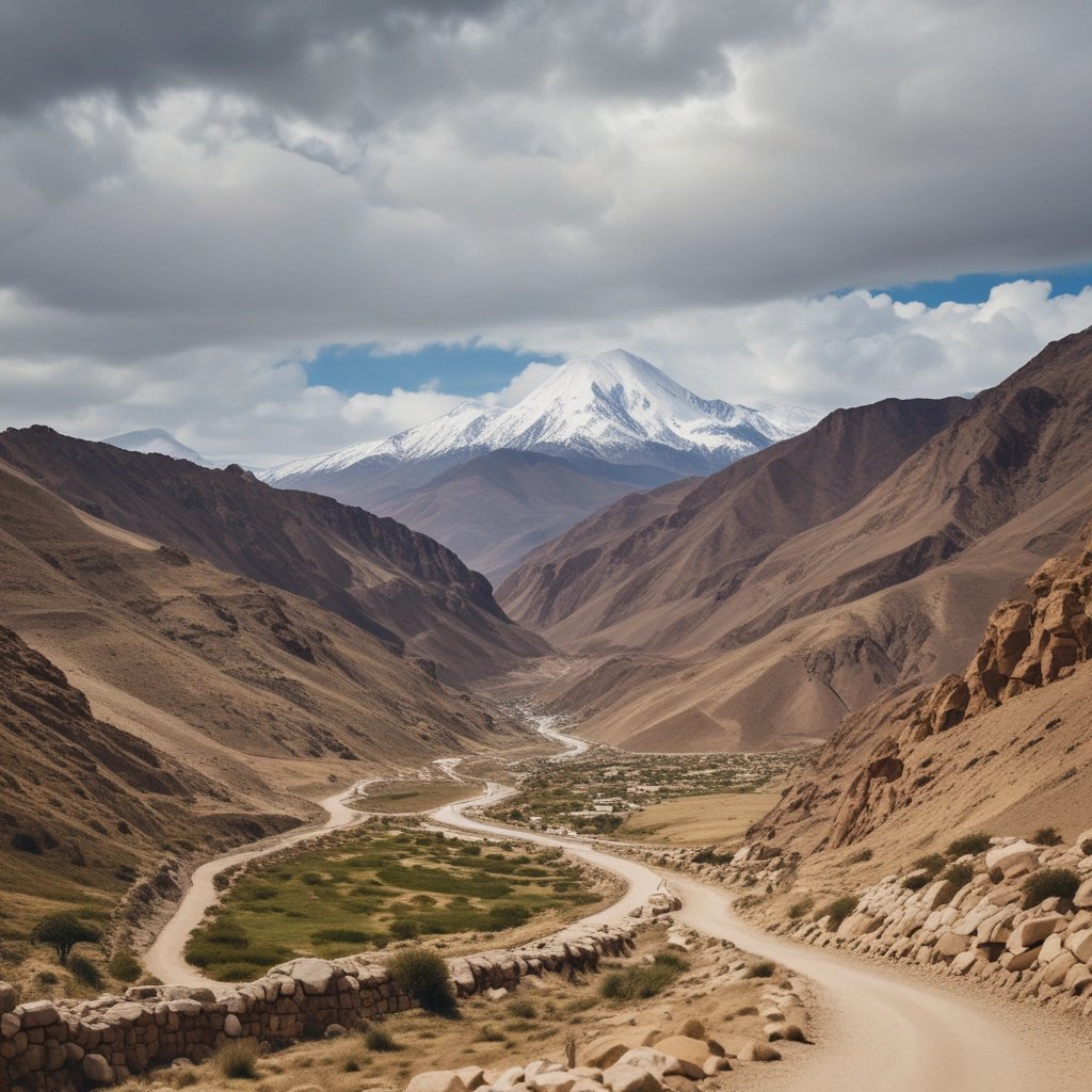 Fantasy world map illustration showing a desert coastline with mountains, roads, and ancient landmarks.