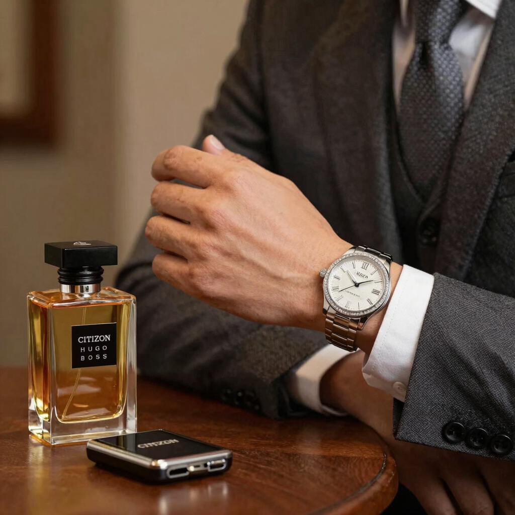 A minimalist urban fashion studio workspace with sketches and fabric samples on a clean wooden table.