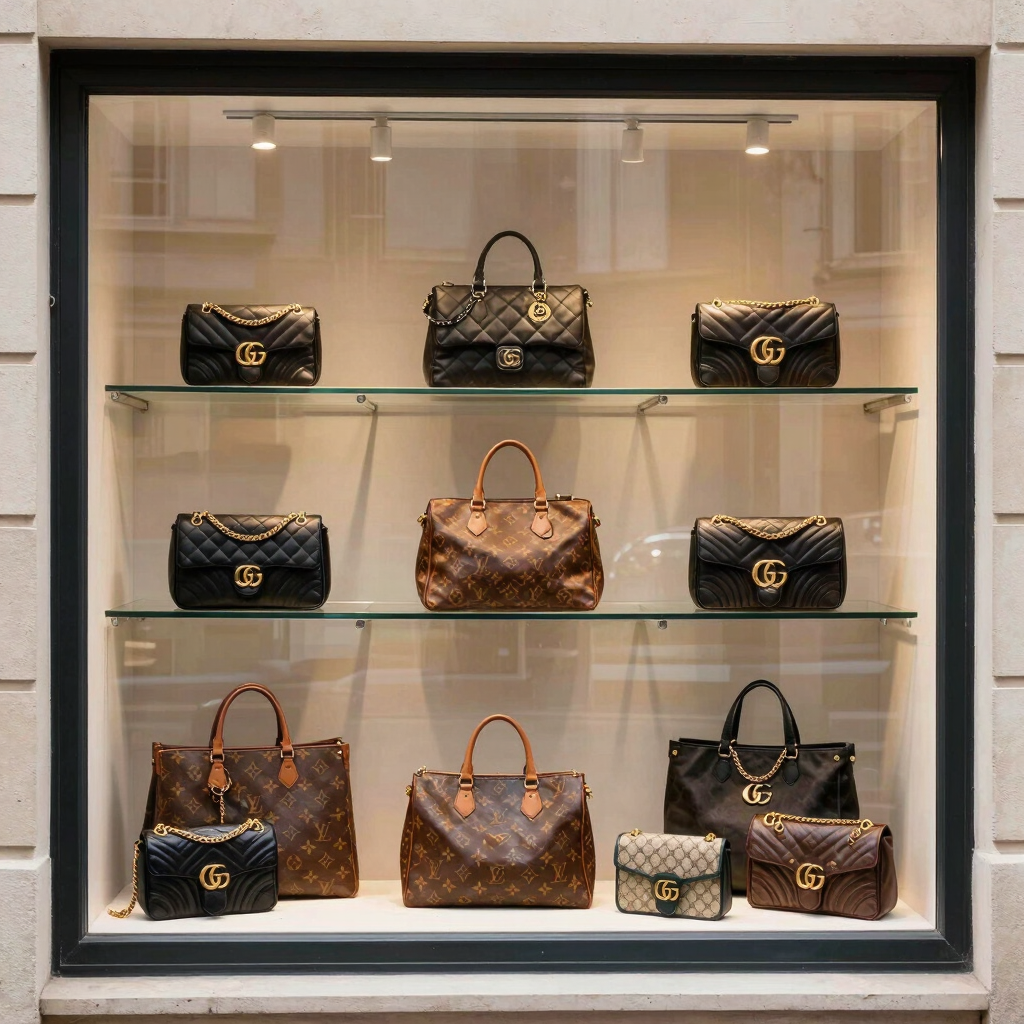 A vibrant scene from a live Curationhouse show featuring a host showcasing exclusive designer bags.