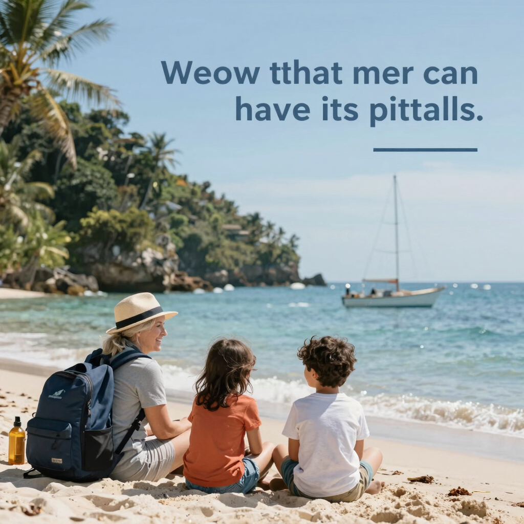 A mother and two children with a backpack sitting on a tropical beach watching a sailboat.
