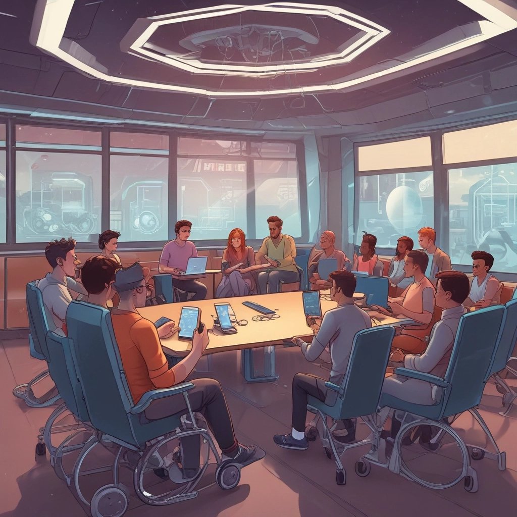 Equipo de personas reunidas alrededor de una mesa de trabajo grande