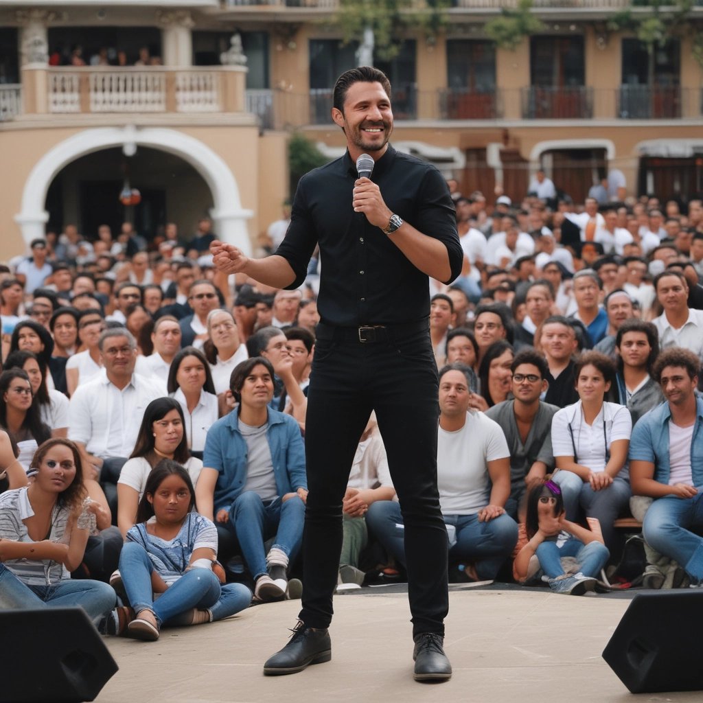 Hombre candidato contento dando su discurso ante una gran multitud