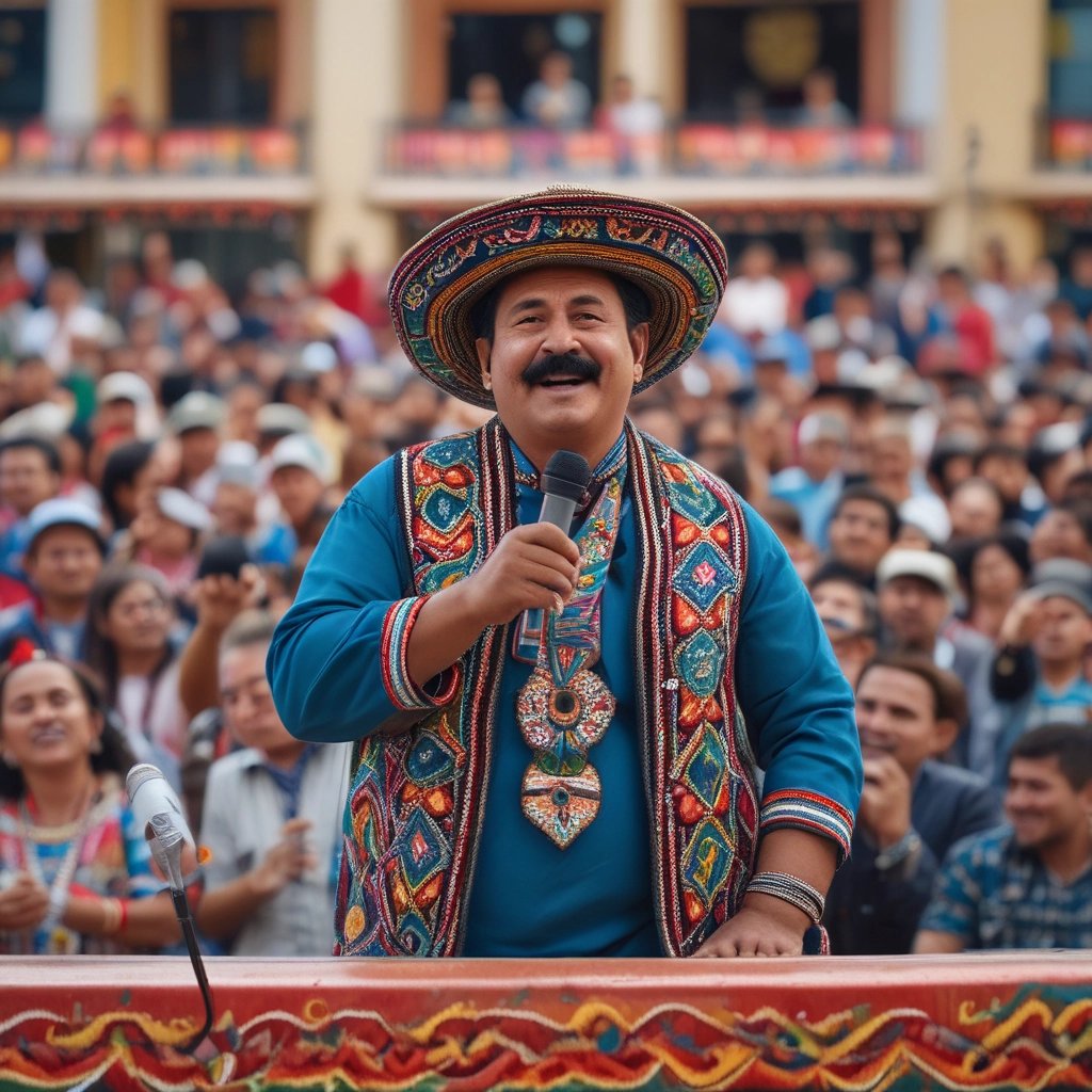 Hombre indígena contento dando su discurso ante una gran multitud