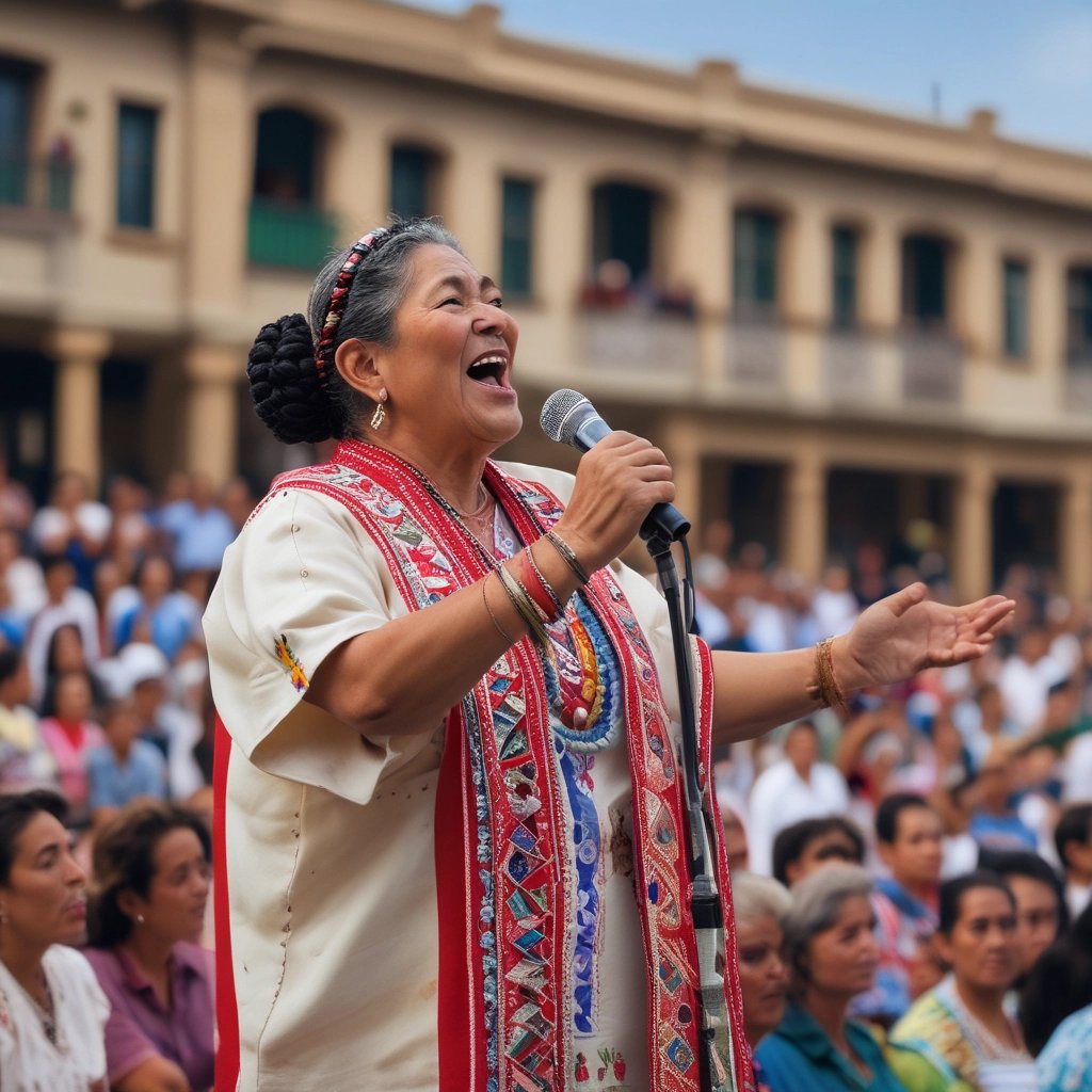 Mujer indígena dando su discurso ante una gran multitud