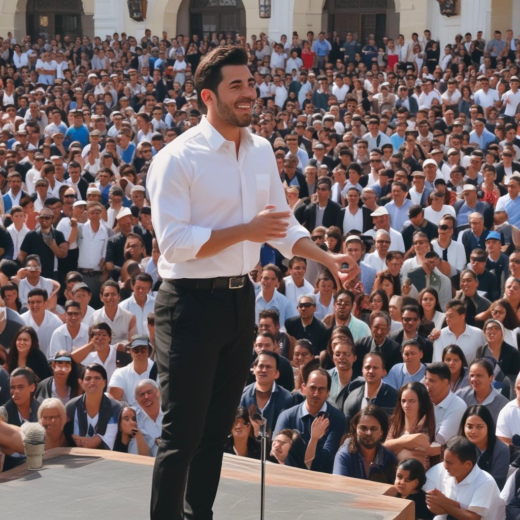Joven candidato contento dando su discurso ante una gran multitud