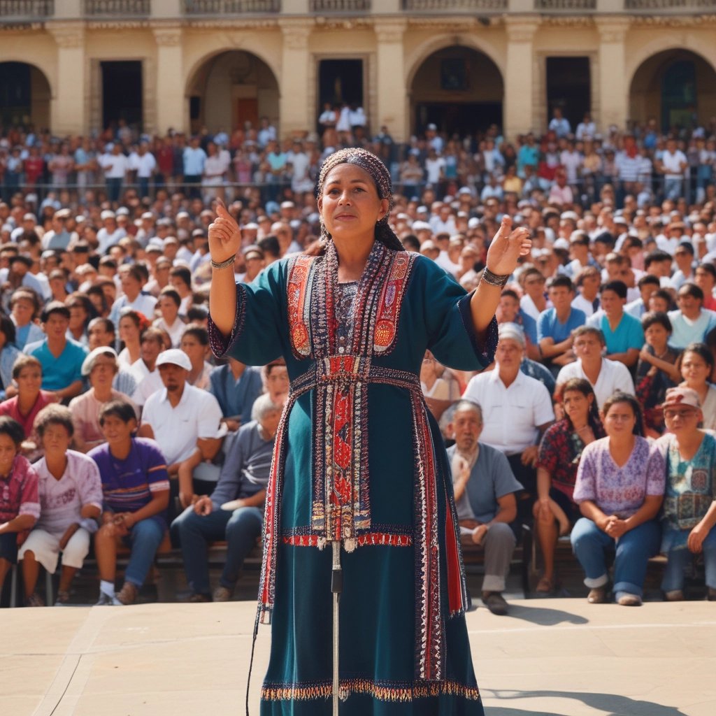 Mujer indígena dando su discurso ante una gran multitud