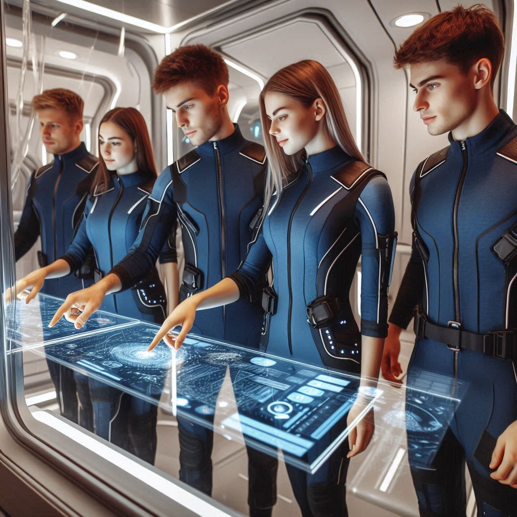 Equipo de jóvenes trabajando con la tecnología de la Inteligencia Artificial futurista