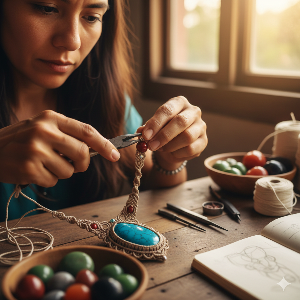 Mujer artesana usando pinzas de joyería para elaborar un collar de macramé hecho a mano con piedra
