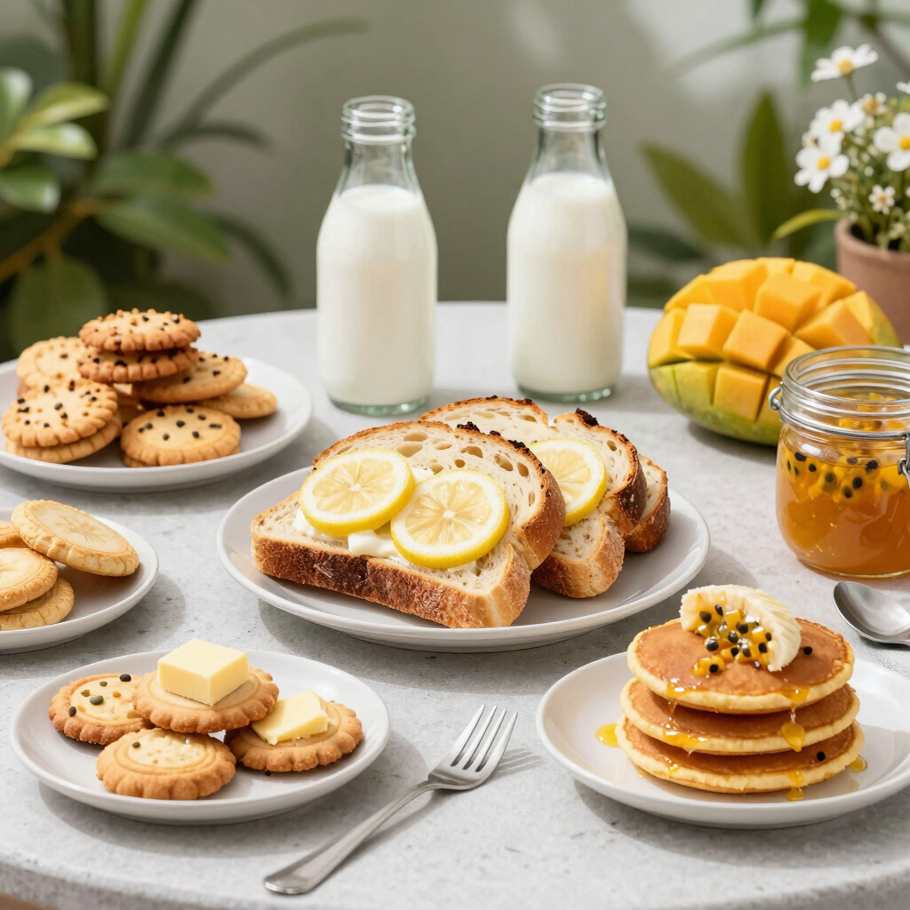 mesa en jardin con galletas panques pan mermelada y kéfirr