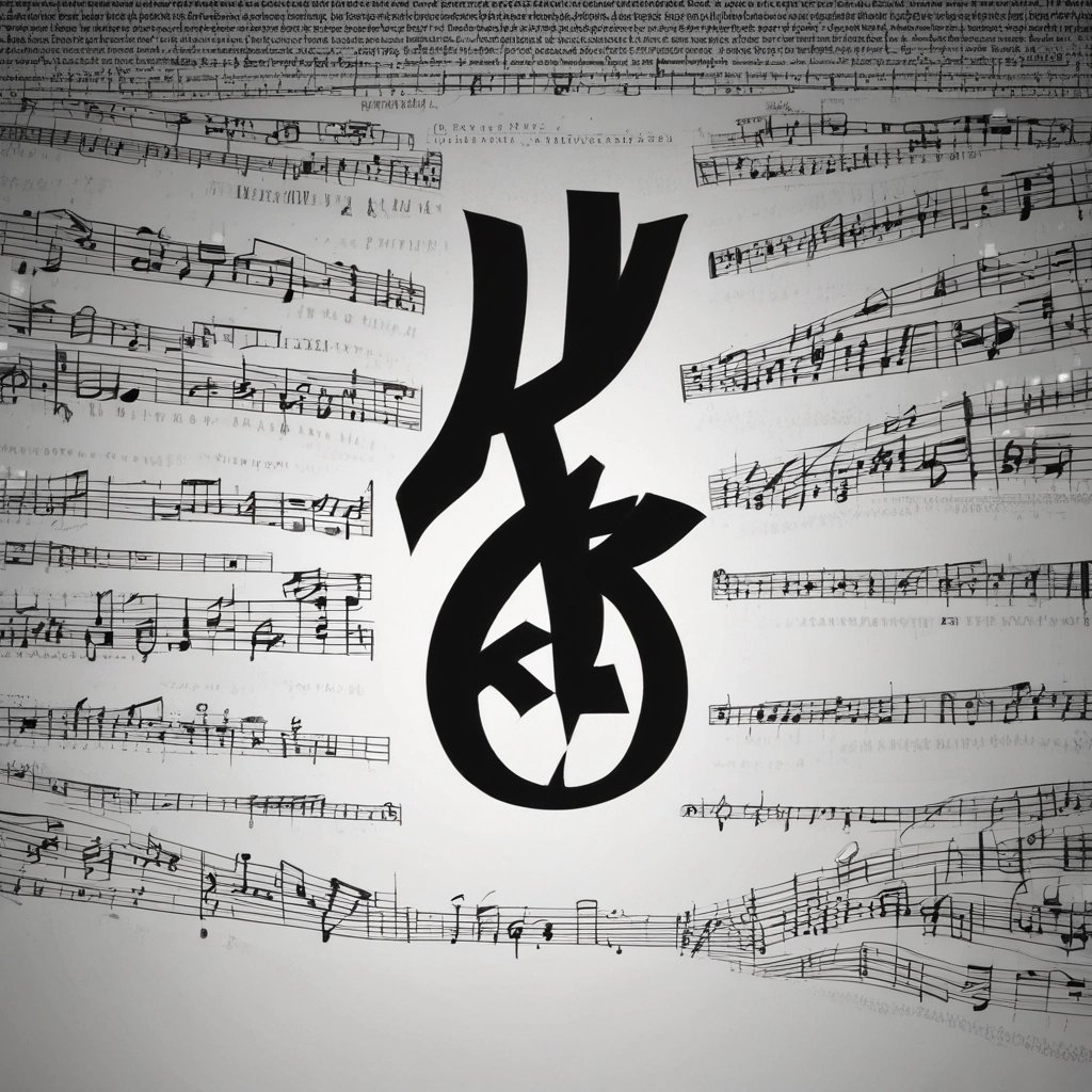 PIECE OF K. symbol over layered sheet music – artistic music identity