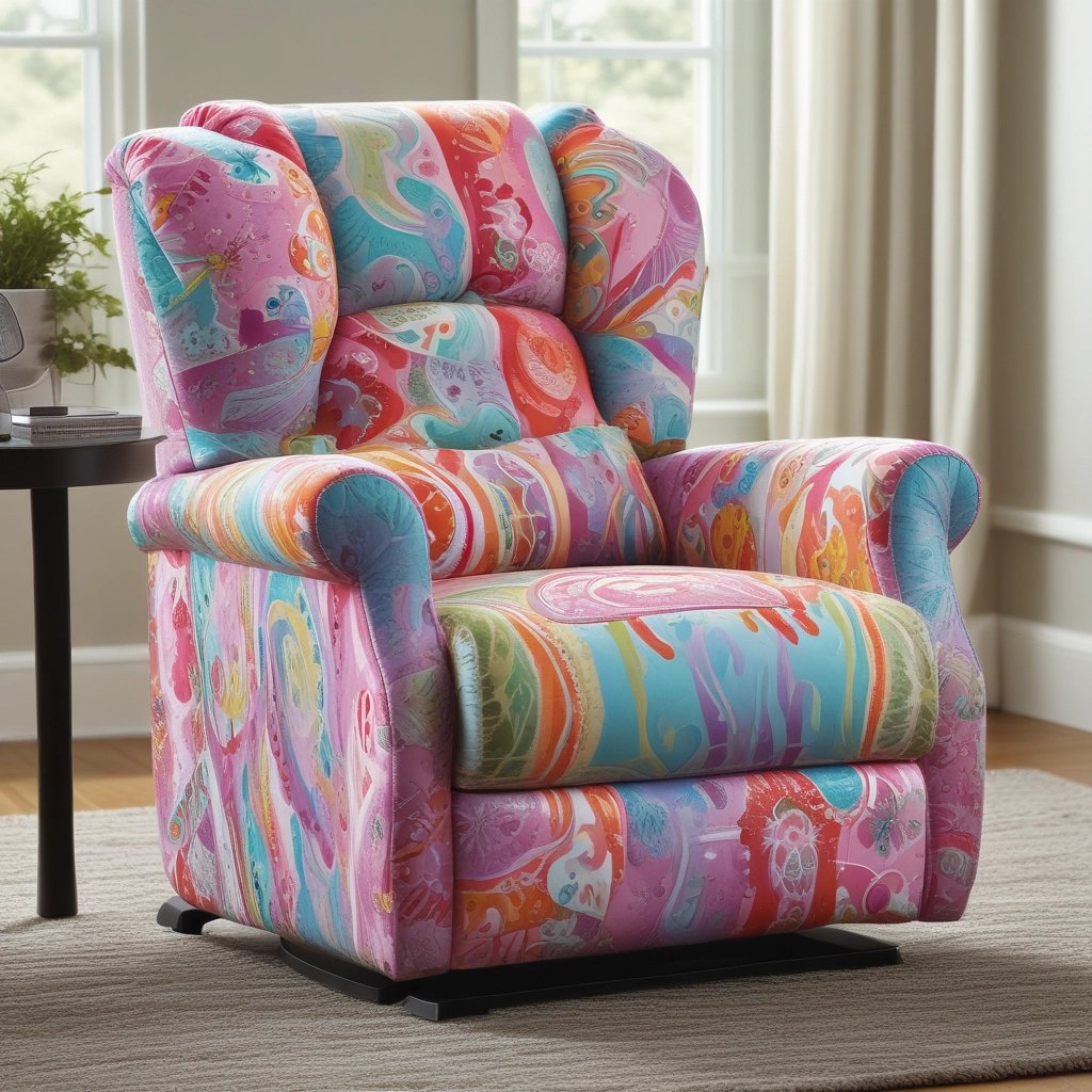 A comfy recliner in soft pastel fabric, placed next to a window with warm natural light pouring in.