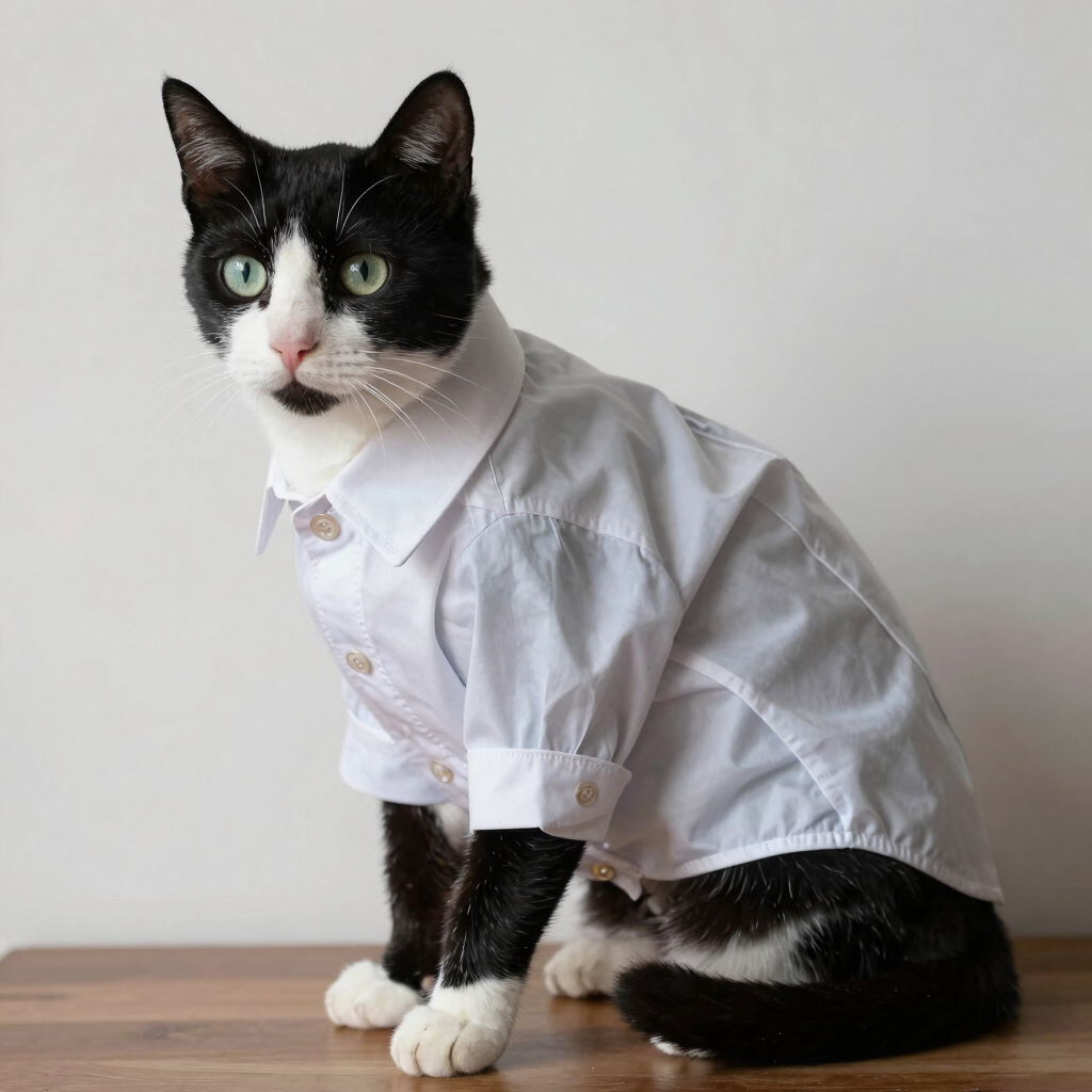 Gato negro y blanco con camisa guayabera
