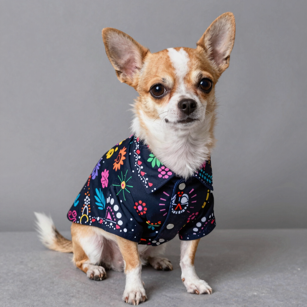 Perro chihuahua con camisa de tematica de dia de muertos