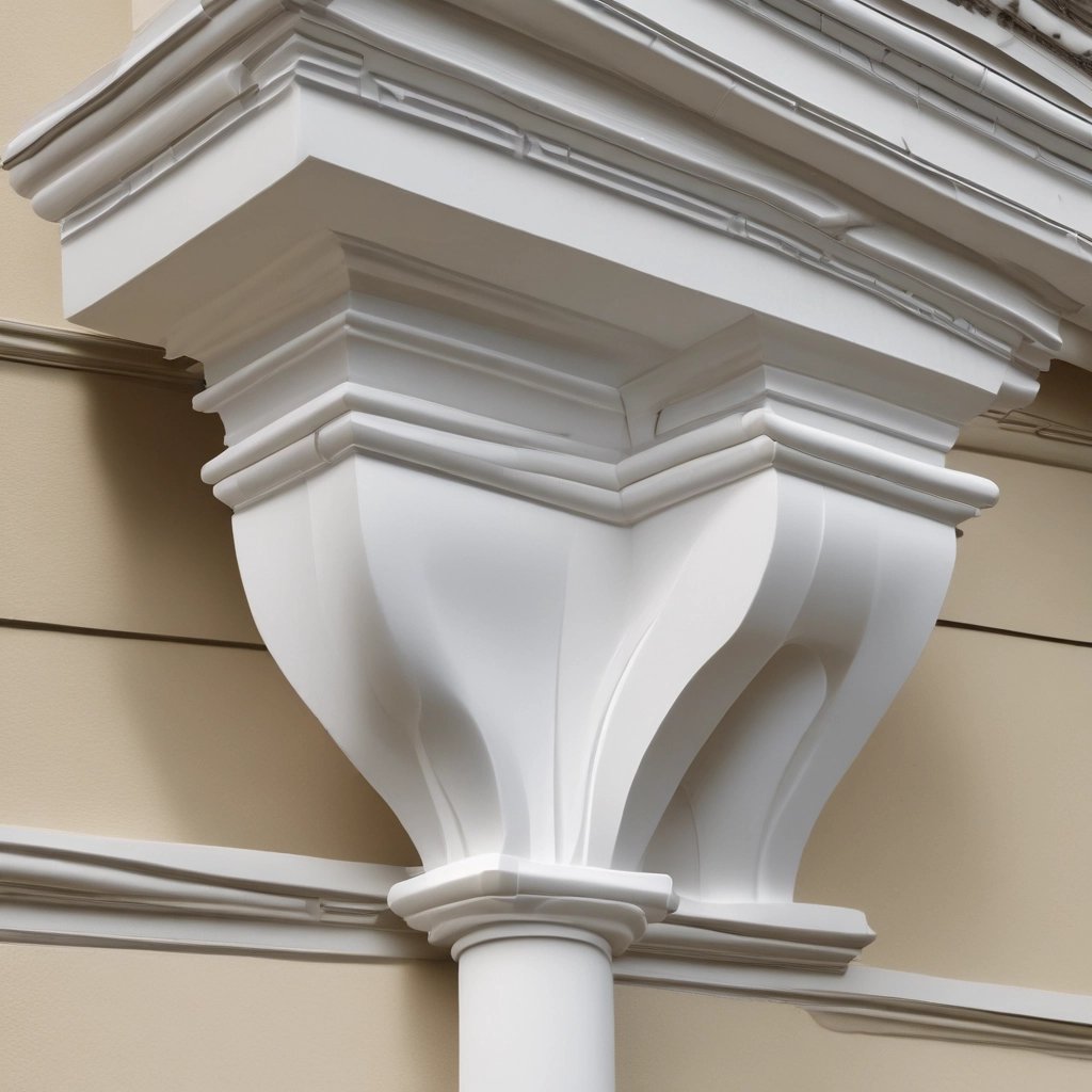 Close-up of a white EPS foam cornice with a smooth reinforced coating installed on a sleek modern building facade.
