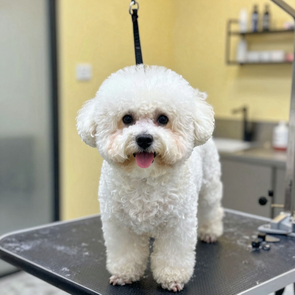 A smiling groomer gently brushing a fluffy cat in a cozy, cream-toned salon corner.