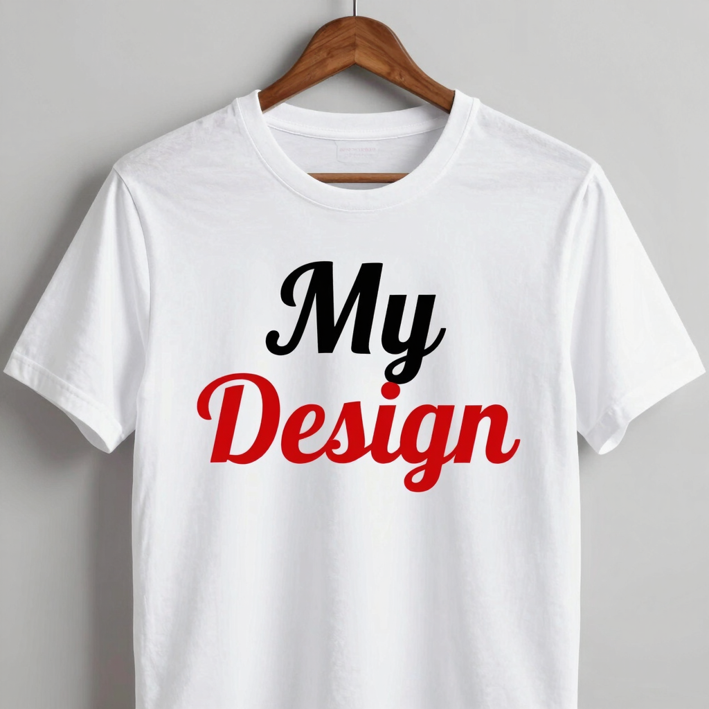 A stylish t-shirt with a trendy graphic print displayed on a wooden hanger.
