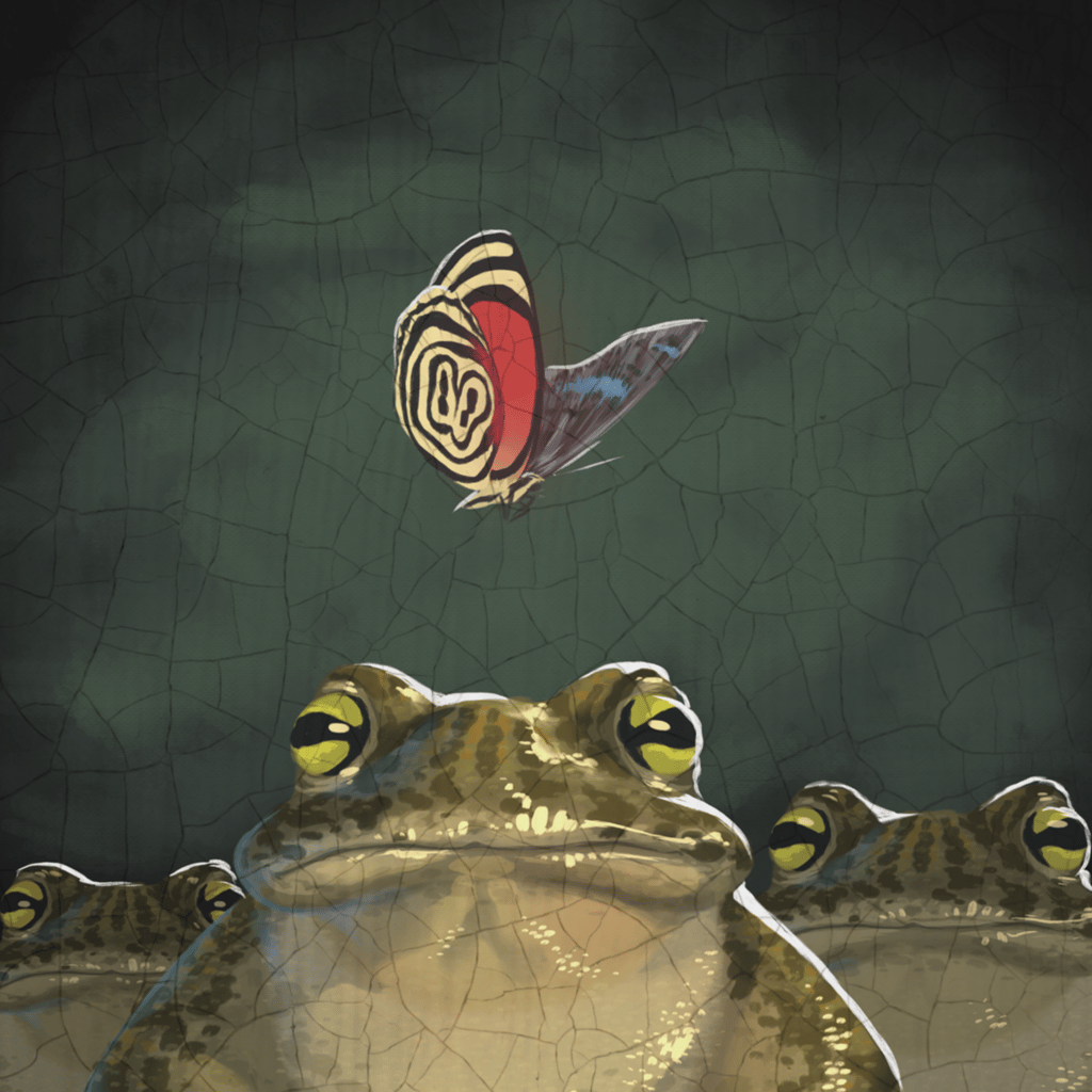 Capa do EP "Senóides"da banda OVM com sapos e uma borboleta em um fundo verde.