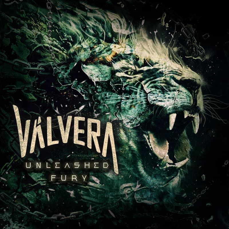 Arte da capa do disco Unleashed The Fury da banda Valvera em tom de verde com um animal em destaque