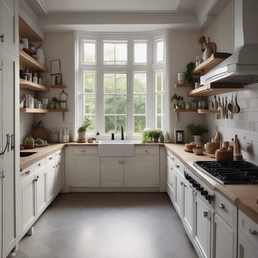 A bright kitchen scene featuring modern appliances and organized shelves, showcasing ease and style in everyday cooking.