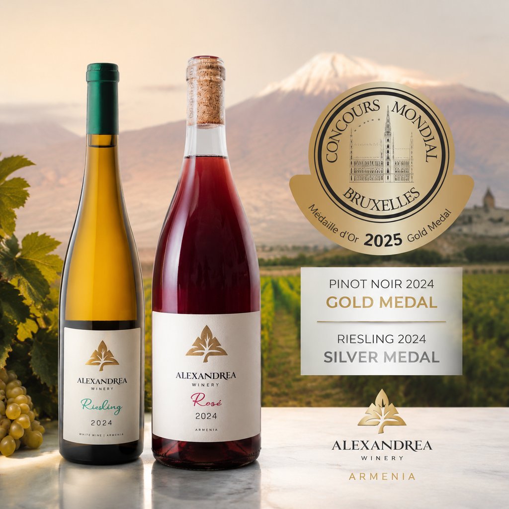 Award-winning Alexandrea Winery Pinot Noir and Riesling wine bottles from Armenia with Mount Ararat background.