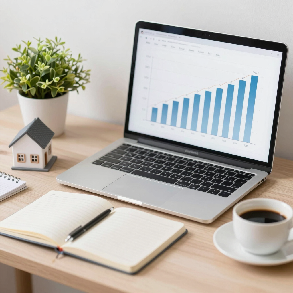 A sleek modern desk setup featuring a laptop, a detailed house model, a steaming cup of coffee, and vibrant finance charts displayed on screen.