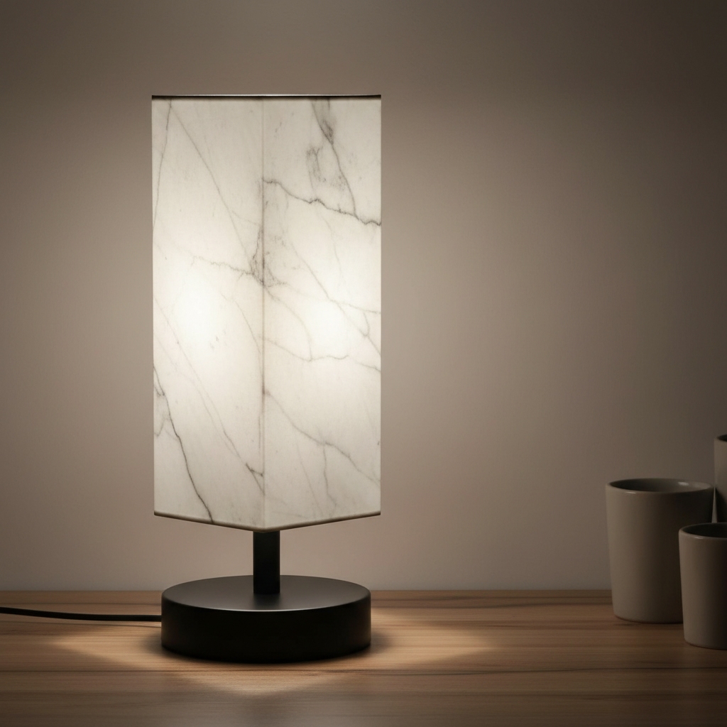 Modern white marble square table lamp with black base illuminating a wooden desk.