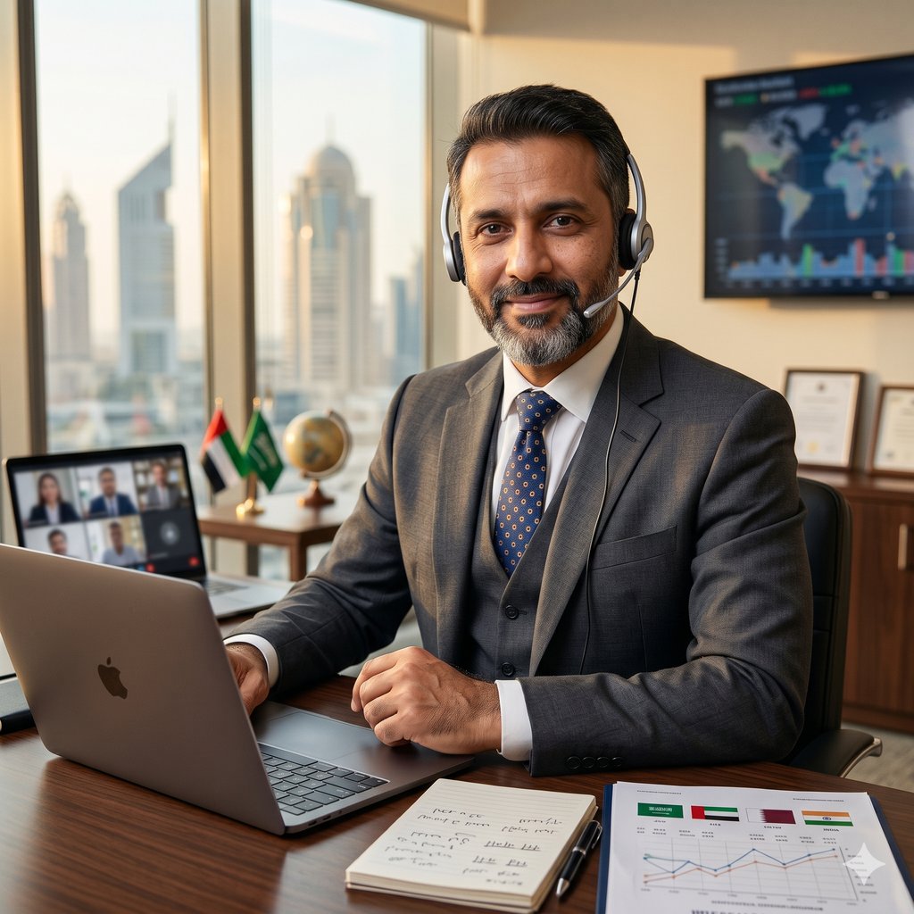 Professional Middle Eastern businessman in a suit with headset hosting a video conference call in a Dubai office.