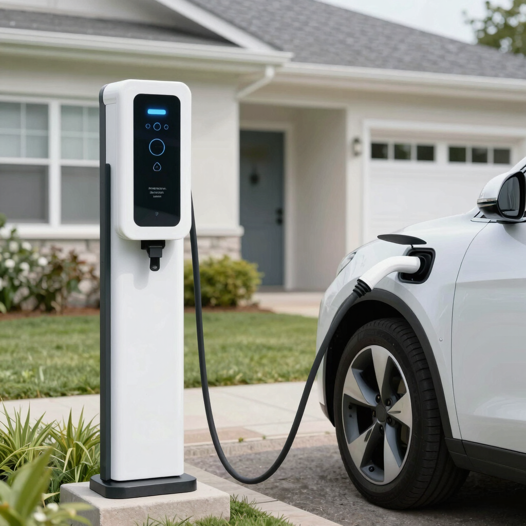 A modern home garage with an electric vehicle charging station glowing softly in the evening light.