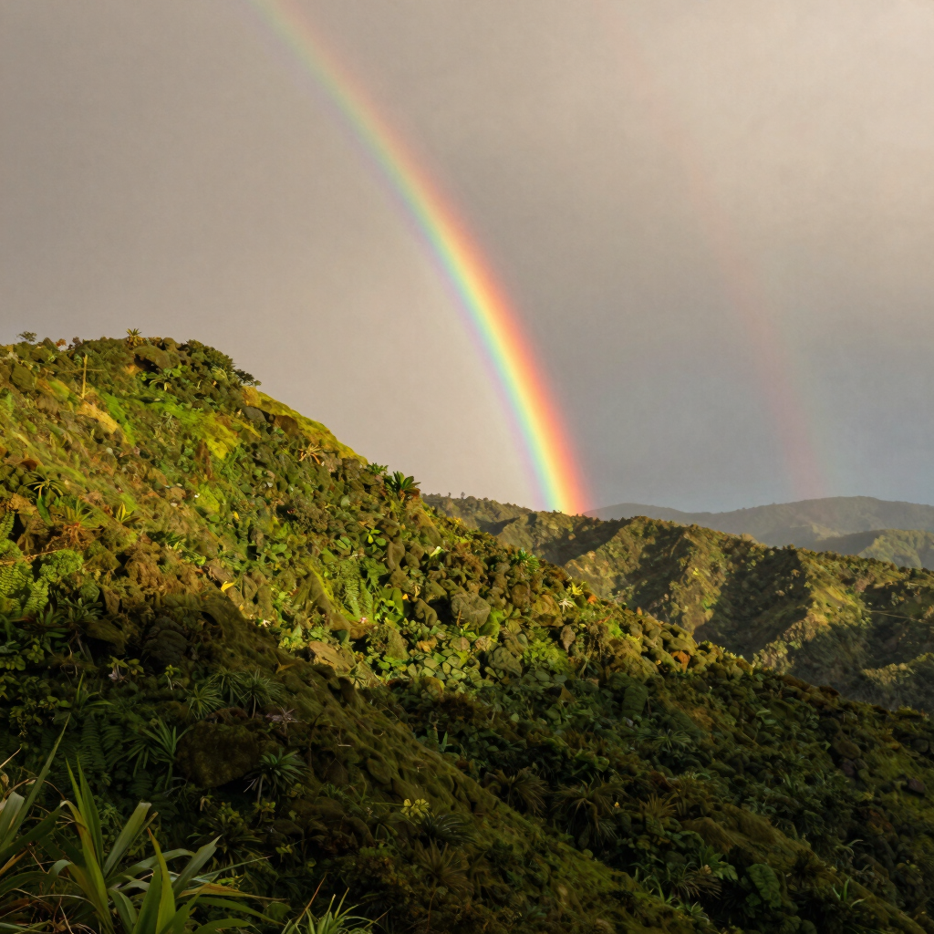 A vivid double rainbow arches over lush green tropical mountains under a dramatic sky.