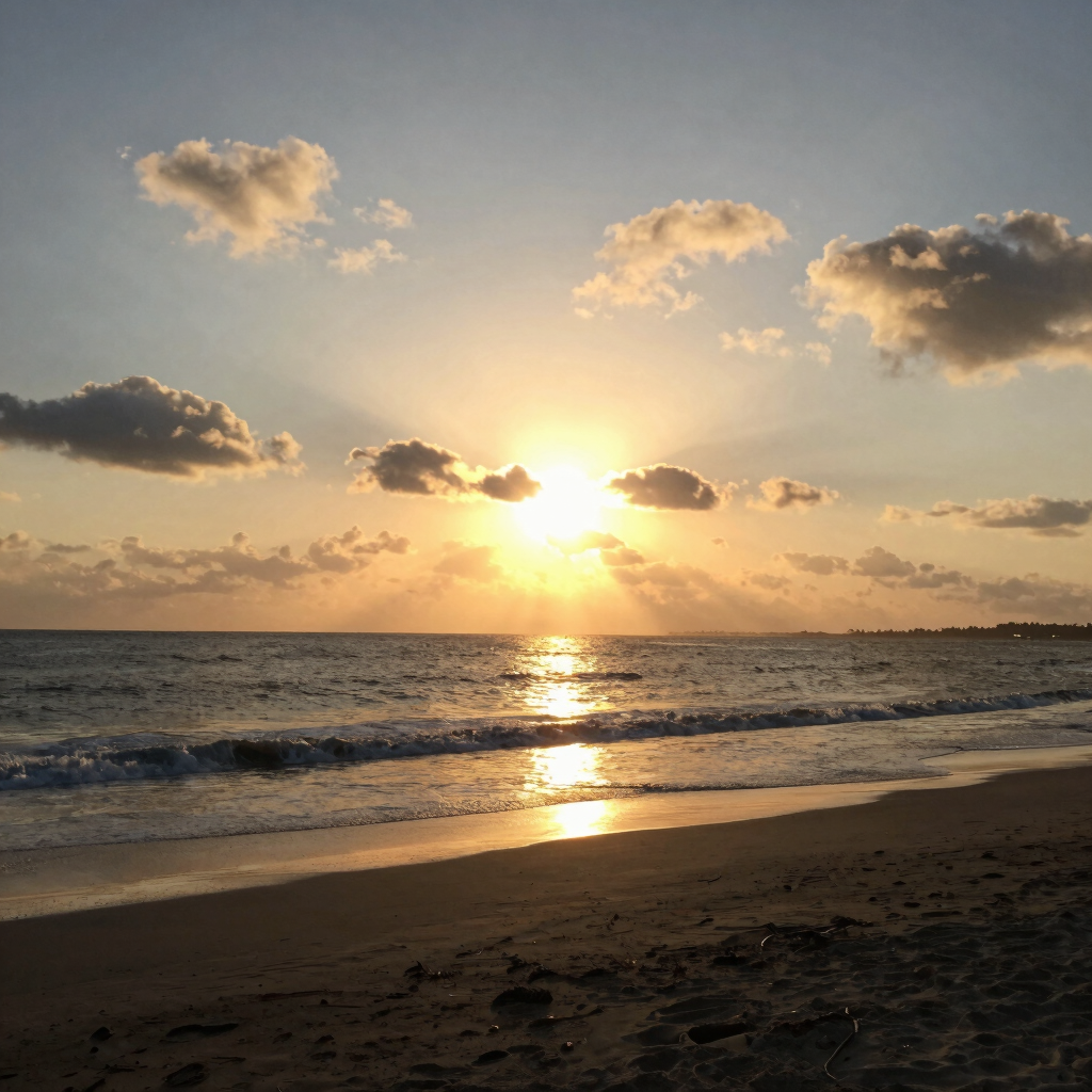 Golden sun setting over a calm ocean beach with gentle waves and scattered clouds.