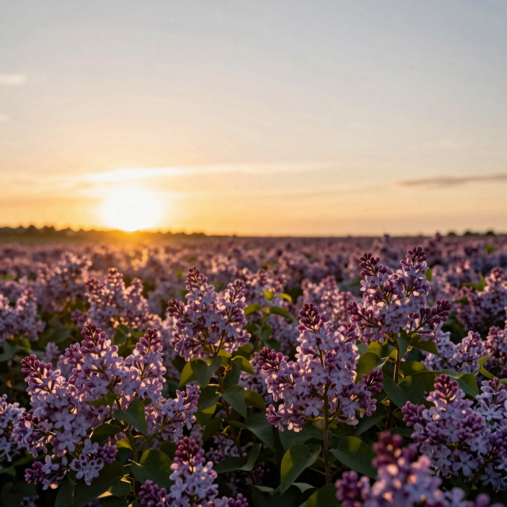 A field of purple lilac flowers blooming under a warm golden sunset.