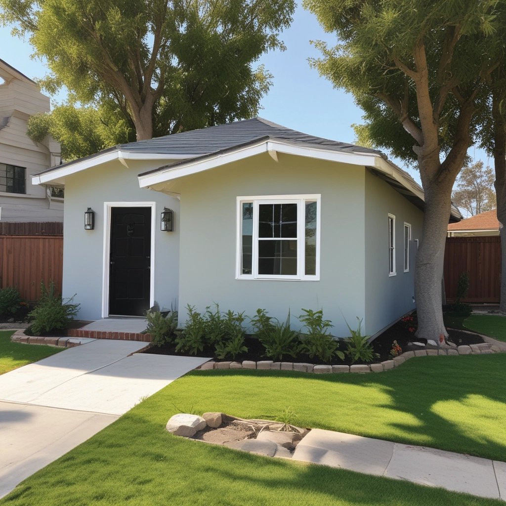 Family-owned construction team collaborating on an ADU build with light grey and beige materials.