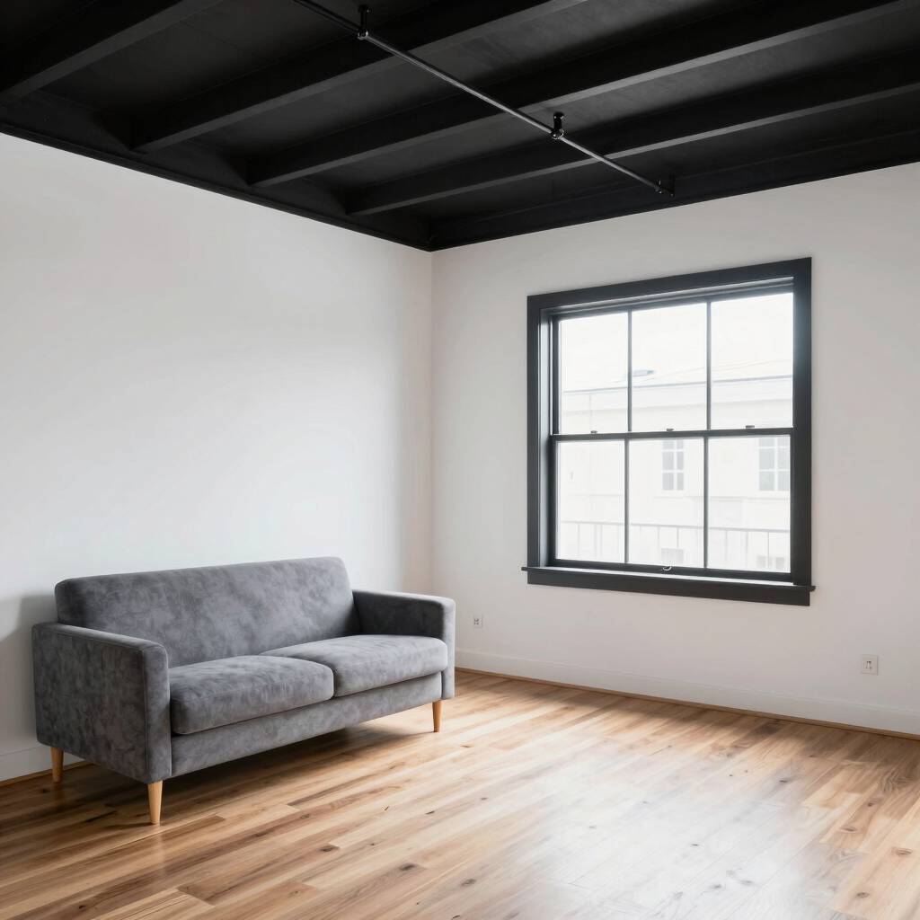 A freshly painted living room wall in navy blue with clean edges and a modern look.