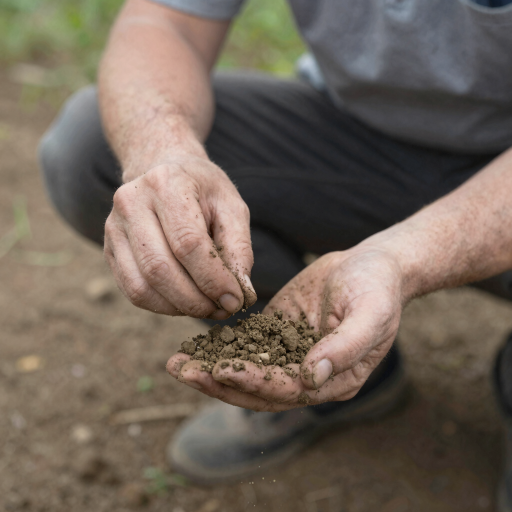 Person crouches down with a handful of sand that slips through their fingers