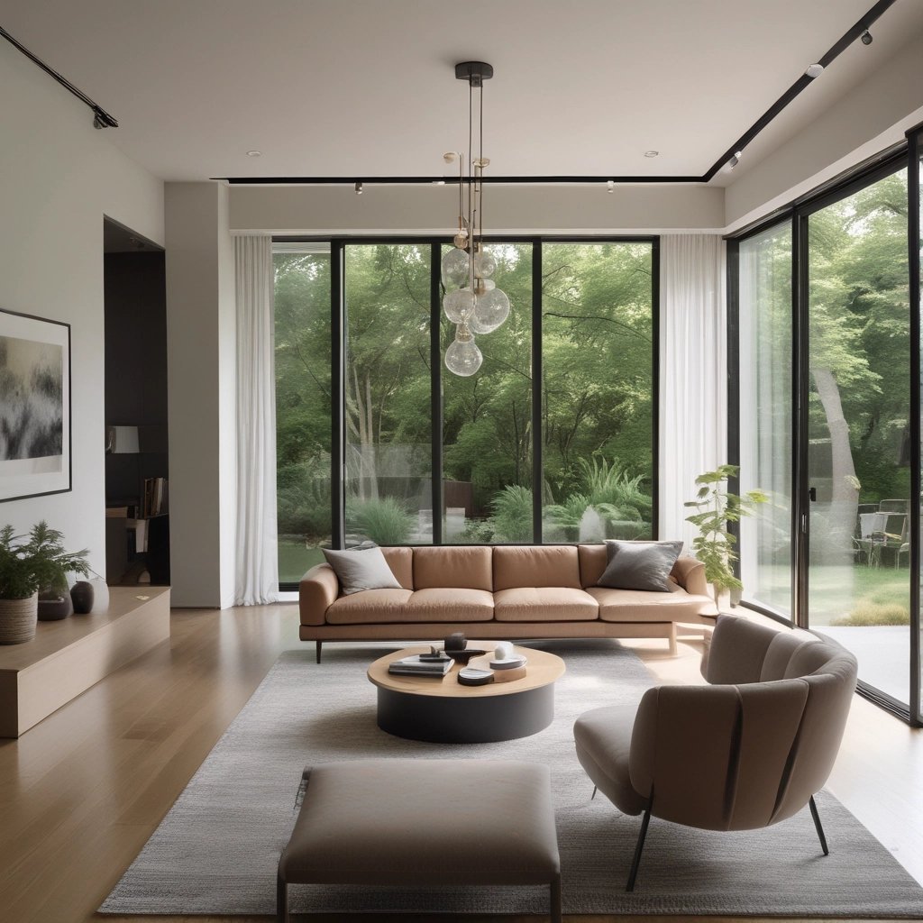 Before and after images of a renovated space blending greenery and warm colors.