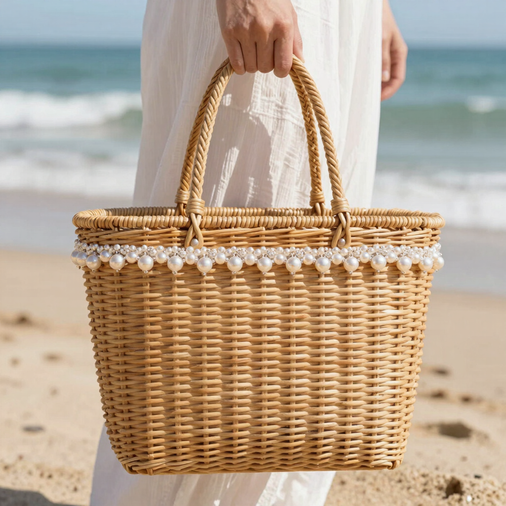 A model carries a large woven straw tote bag decorated with white floral embroidery and wooden beads.