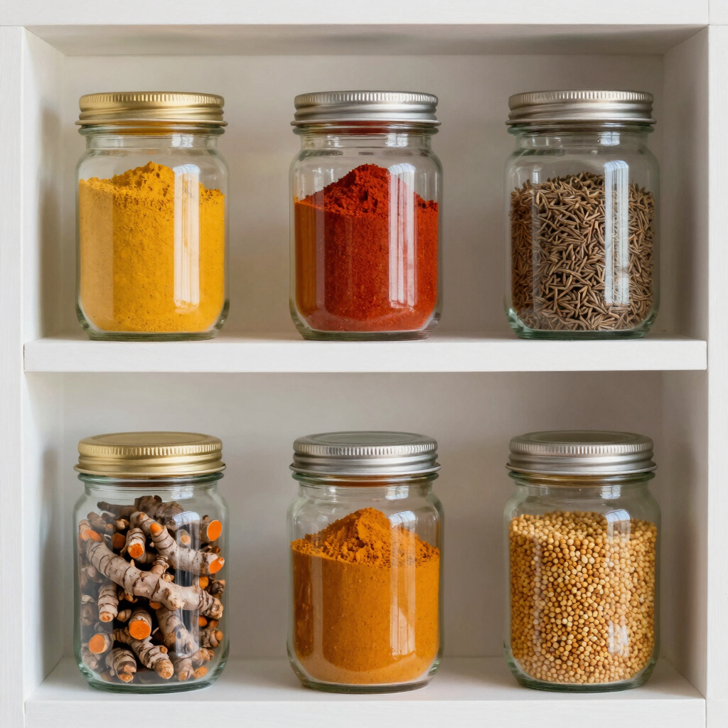 A warm kitchen scene with jars of grains and oils neatly arranged on a wooden shelf.