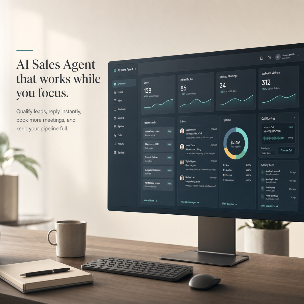 AI sales agent dashboard on a computer monitor displaying lead generation metrics and automated meeting bookings.