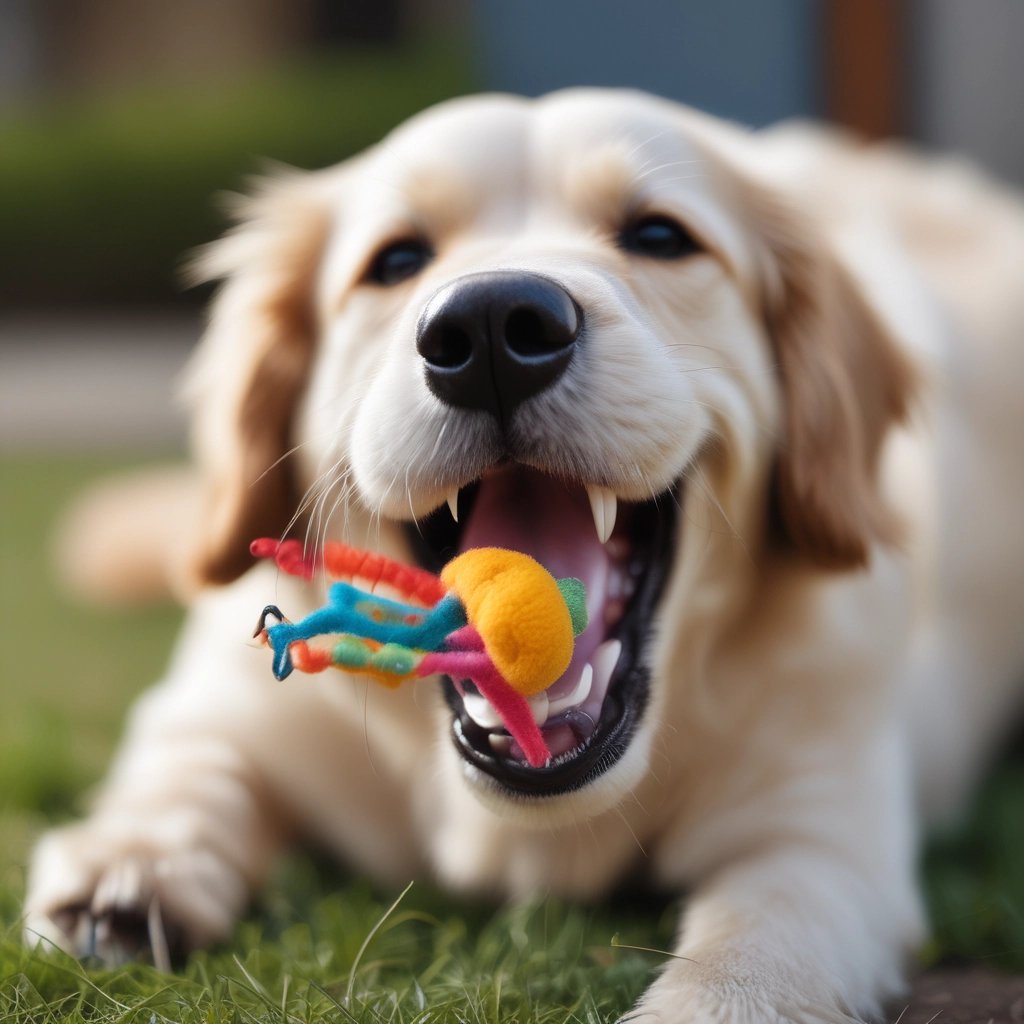 A colorful assortment of dog and cat toys scattered on a cozy rug.