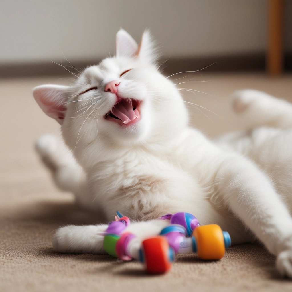 A fluffy cat batting at a feathered toy with bright eyes.