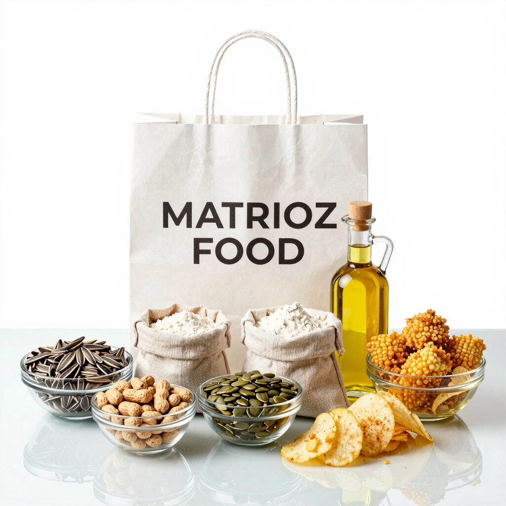 Matrioz Food healthy ingredients including sunflower seeds, pumpkin seeds, peanuts, and cooking oil.