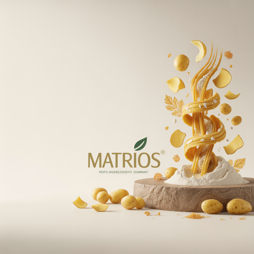 Fresh whole potatoes and crinkle-cut chips swirling with flour for Matrios food ingredients company.