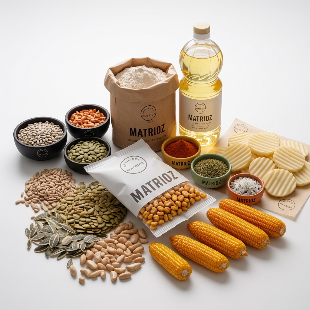 Variety of Matrioz snack ingredients including corn cobs, seeds, flour, and oil on a white background.