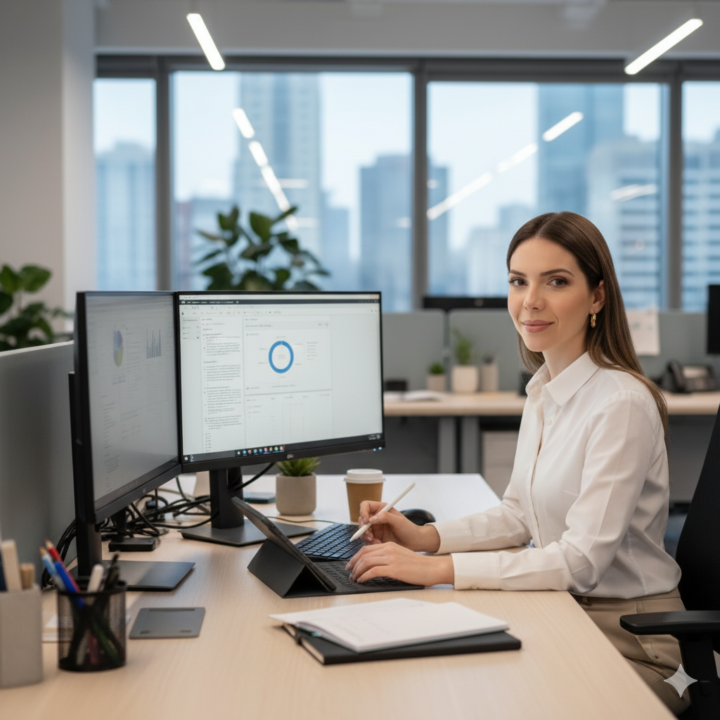 Mariane Amorim, Founder of My Expert Recruiter, working at her desk in a modern office environment.