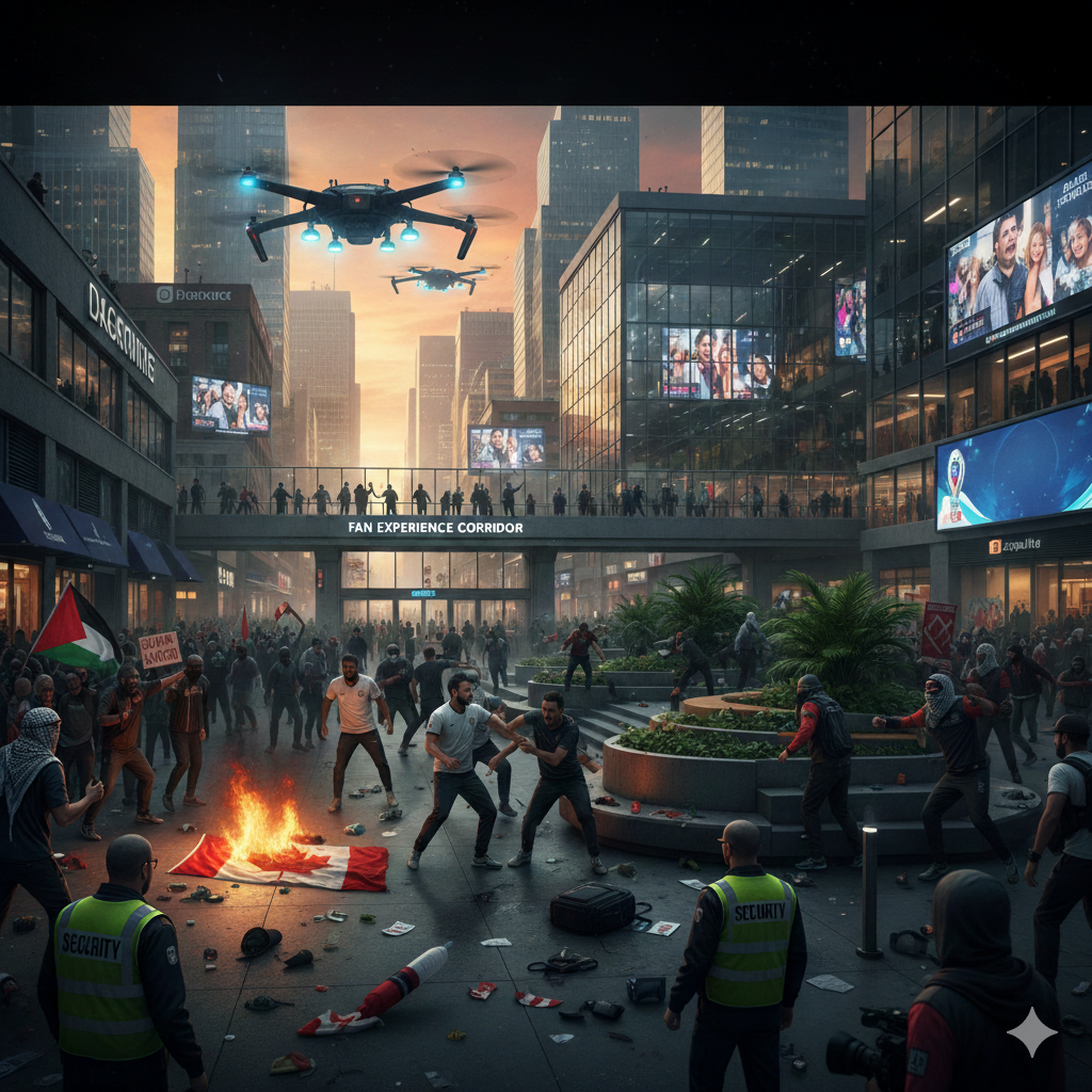 a group of people standing around a fire pit