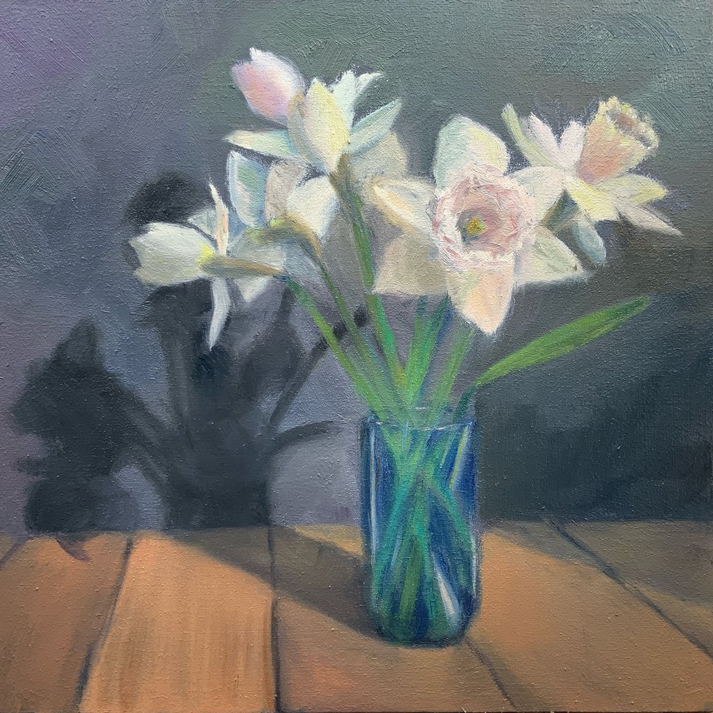 An original oil painting of a variety of Daffodil called Peaches & Cream Narcissi in a blue glass