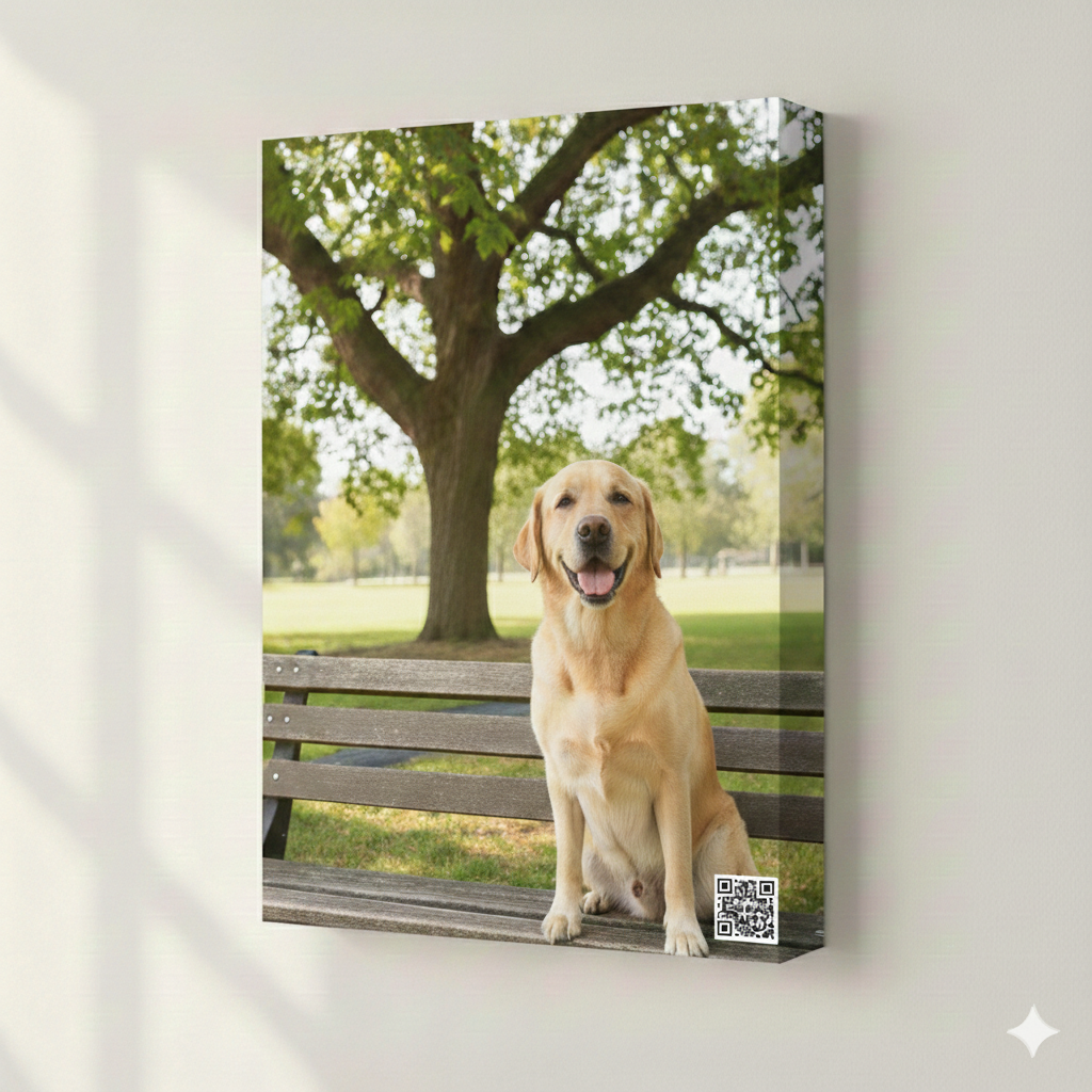 a dog sitting on a bench in a park with keepsakesQR.com QR code