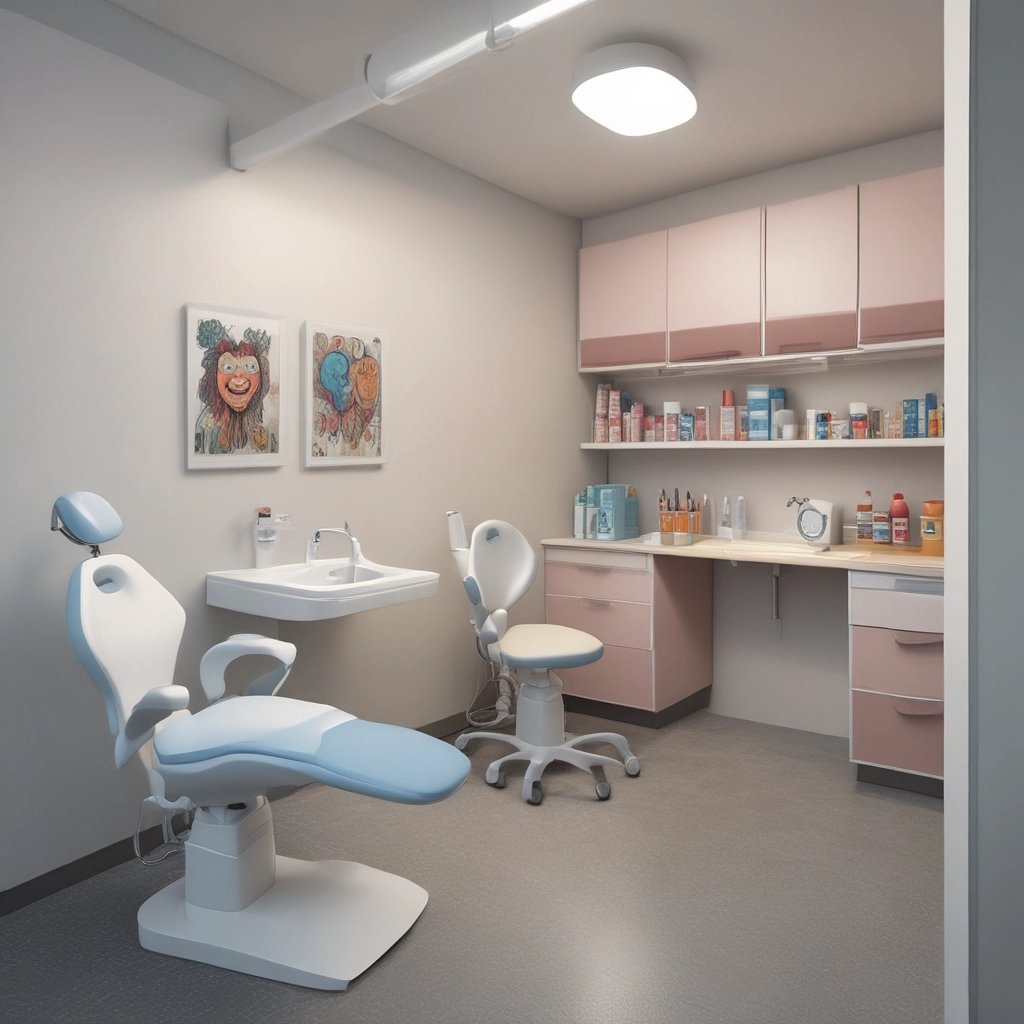 A friendly pediatric dentist smiling while gently examining a young child's teeth in a bright, welcoming dental office.