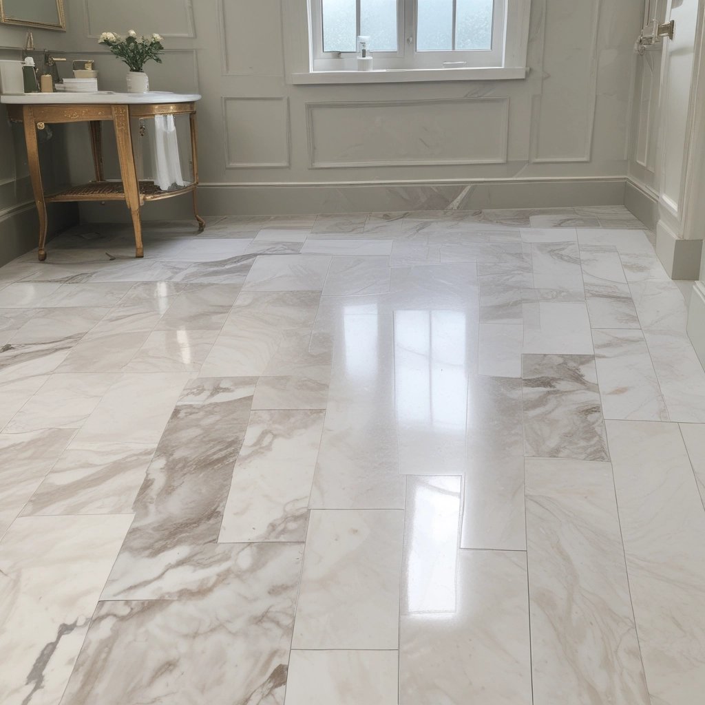 A freshly tiled kitchen floor showcasing precise, clean lines and natural light.